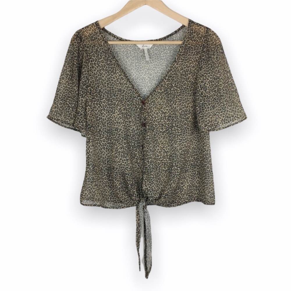 Kirra Womens Size Small S‎ Sheer Leopard Cheetah Cat Animal Print Tie Top Shirt